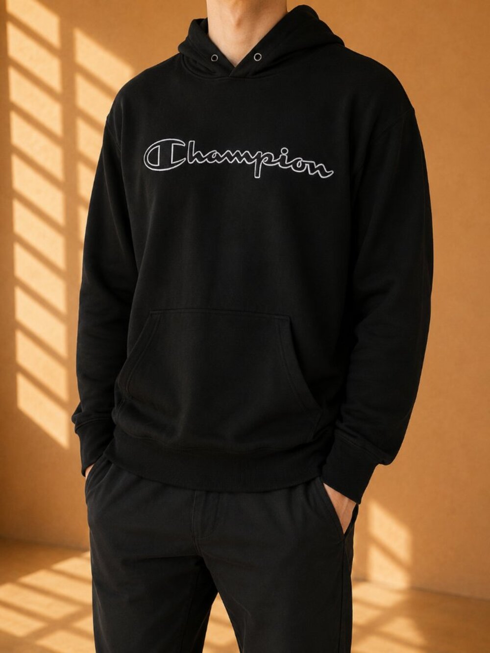 Champion Black Logo Hoodie Pullover Sweatshirt (Men's M)